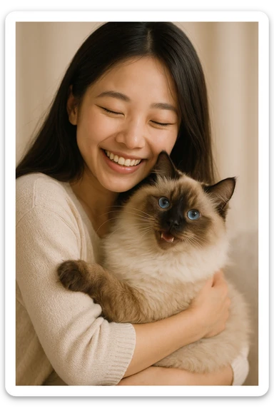 Asian girl with long hair embracing a fluffy Siamese cat, both looking happy, soft lighting, gentle colors sticker