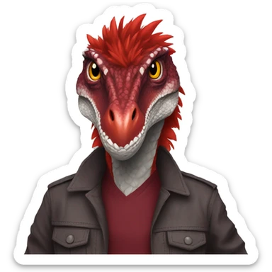 Cool edgy sexy handsome Maroon-colored velociraptor with bright-red messy mane full body sticker