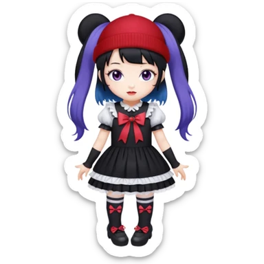 Chibi kawaii Kuromi, violet eyes, black-blue twin tails, red ribbons, red beanie, black & white lolita dress with red accents, white thigh-highs, black mary janes, cute aesthetic. sticker