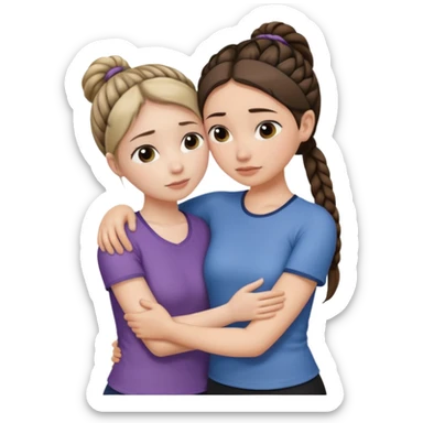 Comforting Hug two white skin women, one shorter woman with medium brown simple top ponytail, not braided, and one taller woman with a single long black side braid sticker