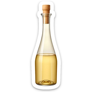 elegant upright glass bottle filled with pale golden white wine vinegar, slightly tall with smooth curves, narrow neck, simple light beige cork or cap, clear liquid with warm tint visible through transparent glass, no label or branding, soft lighting, subtle shadows, emoji scale sticker
