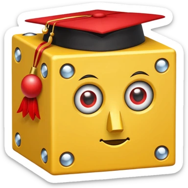 yellow lucky block, with 2 red question marks for the pupils inside the eyes, wings, and a red top hat, and has the :3 face  sticker