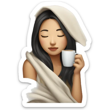 asian girl inside a blanket sipping coffee eyes closed sticker