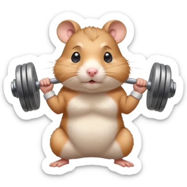 Cute cartoon-style hamster standing upright, wearing a tiny sweatband, lifting oversized dumbbells with determined expression. Soft painterly shading, expressive eyes, white background, sticker-style illustration sticker