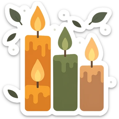 A set of slightly eerie, glowing wax candles with flickering flames, designed in a warm yet mysterious color palette: golden orange (FA9B41), deep forest green (4A7C5C), muted taupe brown (96775A), and soft pastel peach (FFCC9A). The candles are worn, with slightly uneven wax drips and an aged appearance, casting soft, flickering shadows. The flames glow in shades of soft orange and warm yellow, creating a haunting yet inviting atmosphere. The background is dark, with subtle mist or floating leaves around the candles, enhancing a slightly gothic, mysterious vibe. The overall scene has an enigmatic and cozy feel, combining warmth with an underlying sense of intrigue. sticker