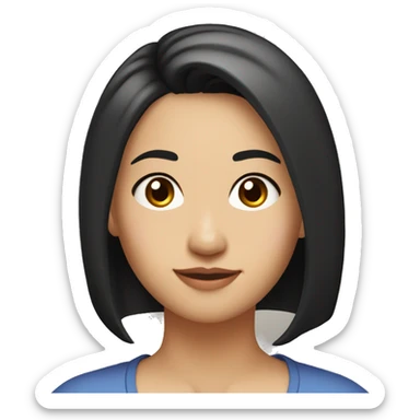 A head and shoulders shot of a 33 year old Asian woman, with straight black hair,   with brown eyes wearing a t-shirt. sticker