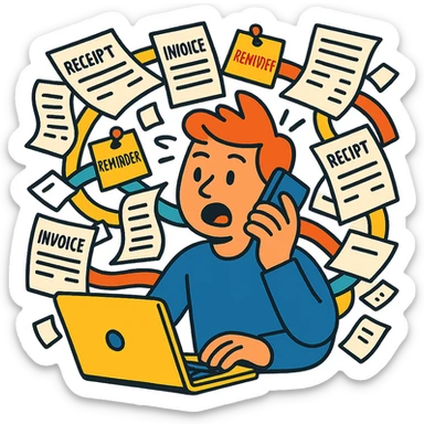 person holding a phone in one hand, laptop open in front, storm of receipts, invoices, and reminders swirling around, multitasking chaos sticker
