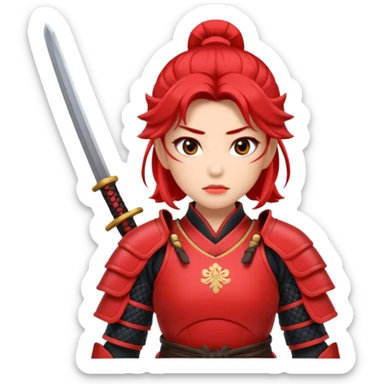 A female samurai with strong posture, red armor plates, and fierce determination.
 sticker
