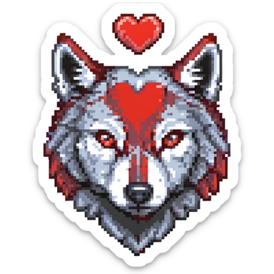black and red wolf with a heart above its head pixel art sticker