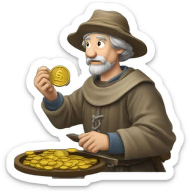 old and experienced coin engraver yielding a coin, medieval age sticker