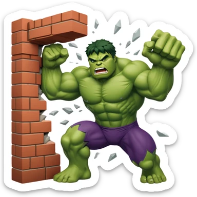 Hulk smashing through a brick wall, green superhero breaking through sticker