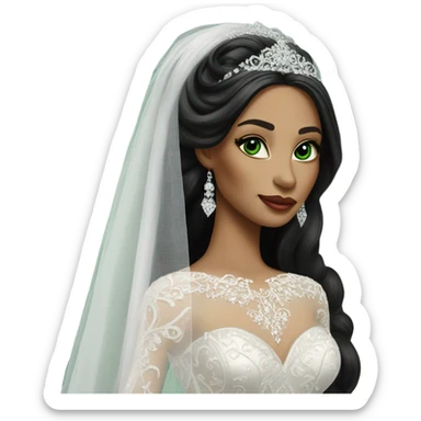 Hyper Realistic ornate ballgown long sleeve Wedding dress with diamanté on Russian bride with green eyes and long black hair with veil sticker