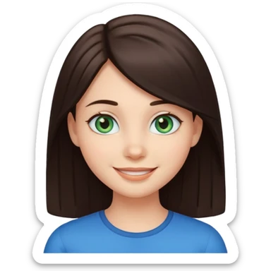 Create a girl with dark brown straight hair and bluey green eyes, cartoon emoji sticker
