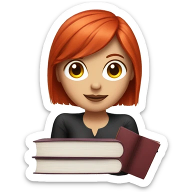 Lady with red straight hair on a sofà with a book sticker