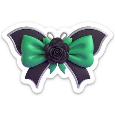 3D emoji gothic bow, deep forest green velvet, silver bat brooch, black rose center, rich and gothic sticker