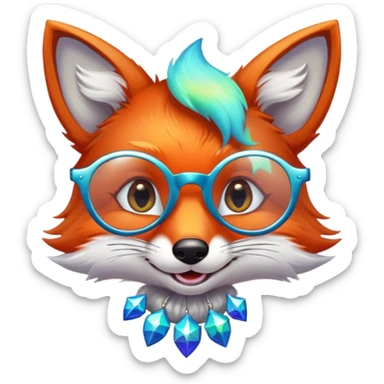 A sly fox with iridescent fur, a glowing tail, a silver star on its forehead, and round glasses, giving a mischievous smirk sticker