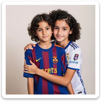 A tall boy with brown eyes, black hair, and white skin, wearing a Barça shirt, hugging a short girl with curly black hair, brown eyes, and bronze skin, wearing a Real Madrid shirt sticker