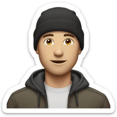White man with beanie sticker