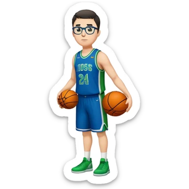 Full Body tall plus size white male with dark short hair basketball player wearing glasses wearing blue green uniform sticker