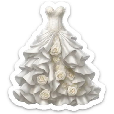 Hyper Realistic ornate Wedding dress displays ruffles and white roses sticker