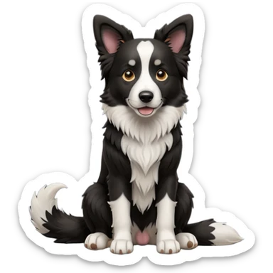 cinematic-[border collie dog]-realistic-full-body-sitting-emoji,-tail-resting-loosely-beside-its-paws,-head-tilted-dramatically,-scruffy-[black and white]-fur,-simplified-yet-realistic-focused-features,-highly-detailed,-glowing-with-an-almost-sarcastic-glow sticker