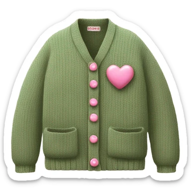 Sage oversize wool open short cardigan with pink heart shaped buttons, isolated sticker