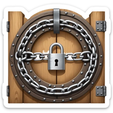 A heavy metal chain wrapped around a round wooden door with a padlock securing it sticker