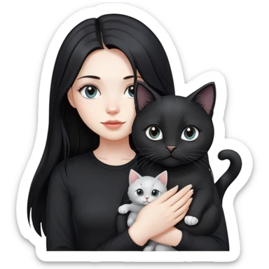 beautiful girl with long black hair wearing a black shirt holding a silver-colored cat sticker