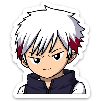 Shoto Todoroki face portrait, half red half white hair, different colored eyes, facial burn scar, neutral expression sticker