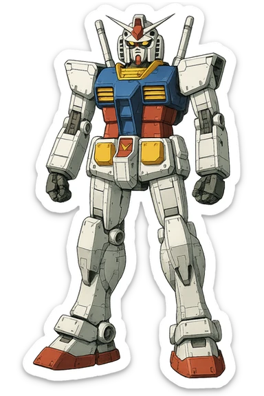 Gundam robot, standing upright, neutral stance, no dynamic pose, detailed mechanical design, white, blue, red, and yellow color scheme, no background sticker