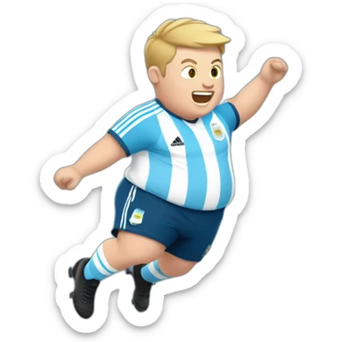 Short hair, obese white man jumping. argentina team uniform.  sticker