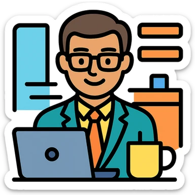 professional programmer, looking confident and happy, in a modern workspace, with a laptop and coffee mug, color outline icon style sticker