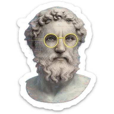 ultra-detailed Greek marble bust, curly hair and beard, neon yellow round glasses, cyberpunk digital glitch effects, centered, soft shadows, clean edges, transparent background sticker