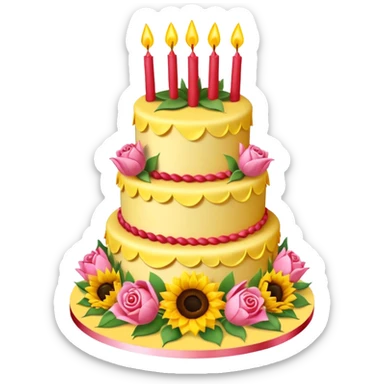 A large three teir cake with first mayer decorated with roses, second with Sunflowers and third with Tulips and Happy Birthday Dear written on top. sticker