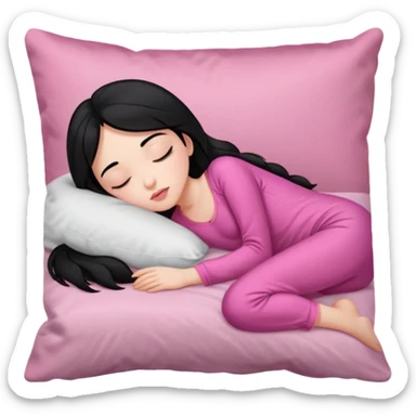 Sleeping on the pillow in bed, beauty hot and pretty Pale girl with medium high black hair wearing sexy pink sleepwears sticker