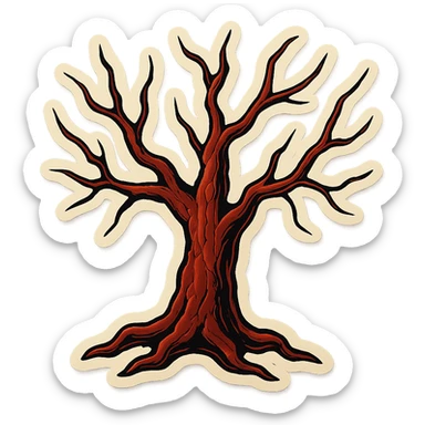 creepy tree with long thin branches, brown-red cracked bark, sharp black outlines, clear shadows and highlights, retro stickers style, no gradients, intimidating look sticker