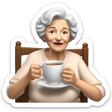 3d hyper realistic senior woman drinking a cup of tea with a biscuit  sticker