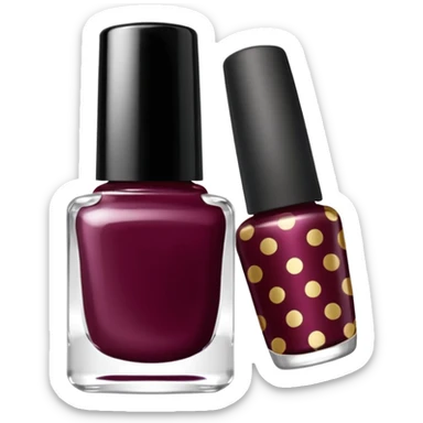 burgundy nail polish bottle, nail polish has light gold iridescence, cap is black with white polka dots, cinematic emoji sticker