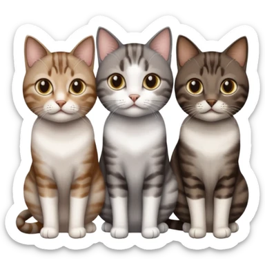 3 different coloured short haired cats including; a dark brown tabby and white cat, and a dark grey and white  sticker