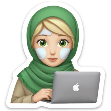 blond women skine , with green eyes , with scarf hijab . with macbook sticker