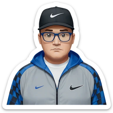 50-year-old heavyset man with very wide face and prominent square jawline wearing a black Nike baseball cap with visible Nike swoosh logo. Large dark square glasses. Serious-relaxed expression. Light gray jacket that fits his larger frame, white shirt with blue checkered pattern. sticker