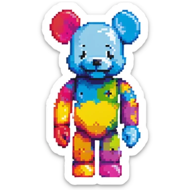 Pixel art KAWS Bearbrick figure with a happy smiling face, bright colors, and blocky bear shape sticker