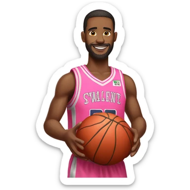An emoji of a man wearing a pink basketball jersey and holding a pink basketball. sticker