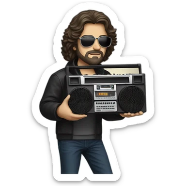 Vangelis holding up a boombox sticker