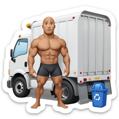 Dwayne the rock Johnson in speedo in front of trash truck sticker