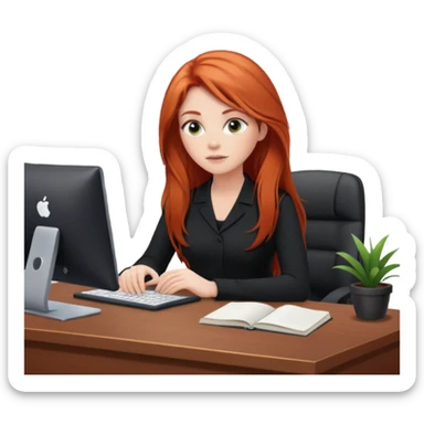 Video call therapy session: red-haired therapist with long hair wearing black minimalist clothing, seated in a professional home office, looking at the webcam; calm, modern teletherapy setting sticker