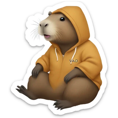 Capybara with hoodie which has an inscription “VLAD” sticker