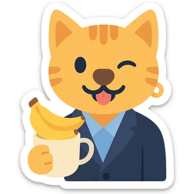cat with a dog nose, wearing a suit, earring, holding a cup of bananas, playful expression sticker