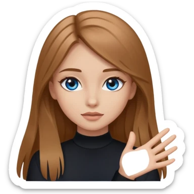 A girl with makeup, long light brown hair, blue eyes, with her palm up. with black clothes sticker
