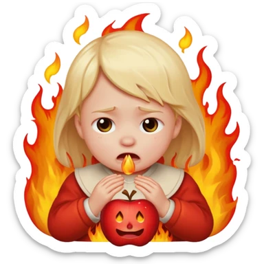 apple style emoji of a sad small child surrounded by flames sticker